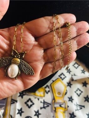 Gold 20” Bee Pendant/Brooch Necklace with faux Pearl Accent